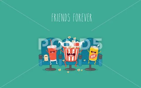 Vector cartoon. fast food. Friends forever. Popcorn, movie ticket, cola, movies Stock Illustration