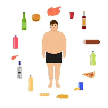 Vector cartoon fat man and unhealthy food Stock Illustration