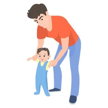 Vector cartoon father teaching his son to walk Stock Illustration