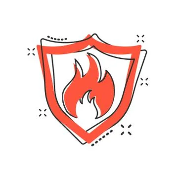 Vector cartoon fire warning shield sign icon in comic style. Flame protection Stockillustratie