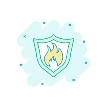 Vector cartoon fire warning shield sign icon in comic style. Flame protection Stock Illustration