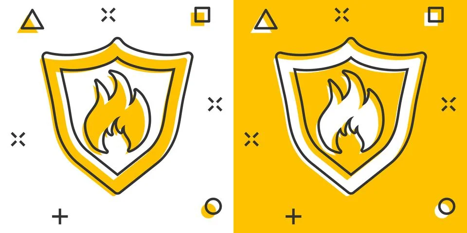 Vector cartoon fire warning shield sign icon in comic style. Flame protection 스톡 일러스트