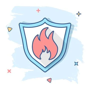 Vector cartoon fire warning shield sign icon in comic style. Flame protection Stock Illustration