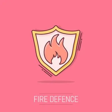 Vector cartoon fire warning shield sign icon in comic style. Flame protecti.. Stock Illustration