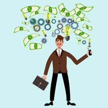Vector cartoon flat businessman generating a money idea. Gears, lamps, money Stock Illustration