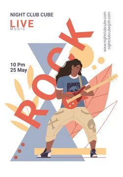Vector cartoon flat character on live rock music fest plays guitar- web ad Stock Illustration
