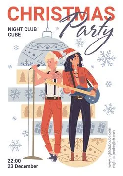 Vector cartoon flat characters singing,plays guitar,Christmas party flyer social Stock Illustration