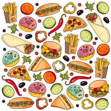Vector cartoon flat fast food set isolated イラスト素材