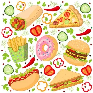 Vector cartoon flat fast food set isolated イラスト素材