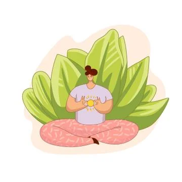 Vector cartoon flat illustration with meditating girl holding sun in her heart Stock Illustration