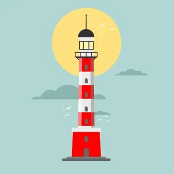 Vector cartoon flat lighthouse. Searchlight tower for maritime navigation Stock Illustration