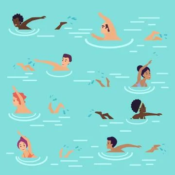 Vector cartoon flat summer seamless pattern with people swimming in the sea or イラスト素材