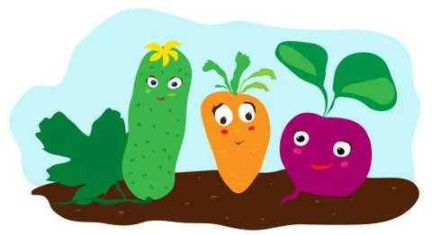 Vector cartoon fresh funny beetroot, cucumber, carrot on a garden bed Stock Illustration