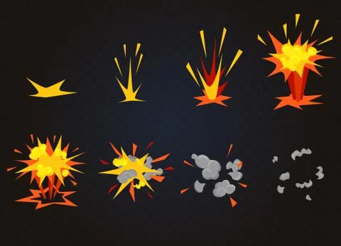 Vector cartoon front boom explosion effect with smoke. Flash explode animation Illustrazione stock