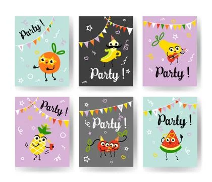 Vector cartoon fruit summer party characters set Stock Illustration