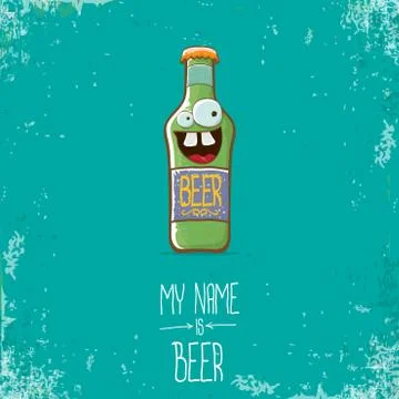 Vector cartoon funky beer bottle character isolated on grunge azure background Stock Illustration