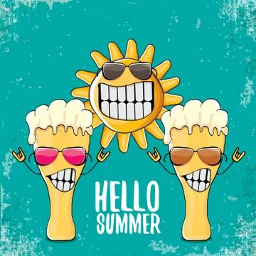 Vector cartoon funky beer glass character and summer sun isolated on azure Stock Illustration