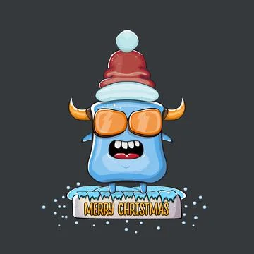 Vector cartoon funky blue monster with Santa Claus red hat isolated on grey Stock Illustration