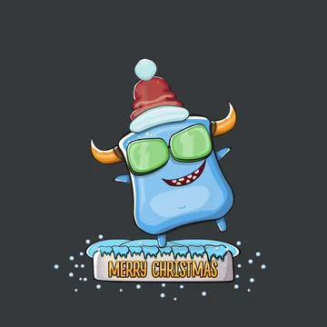 Vector cartoon funky blue monster with Santa Claus red hat isolated on grey Stock Illustration