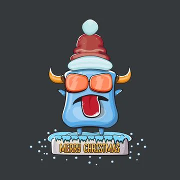 Vector cartoon funky blue monster with Santa Claus red hat isolated on grey Stock Illustration