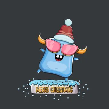Vector cartoon funky blue monster with Santa Claus red hat isolated on grey Stock Illustration