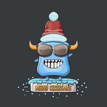 Vector cartoon funky blue monster with Santa Claus red hat isolated on grey Stock Illustration