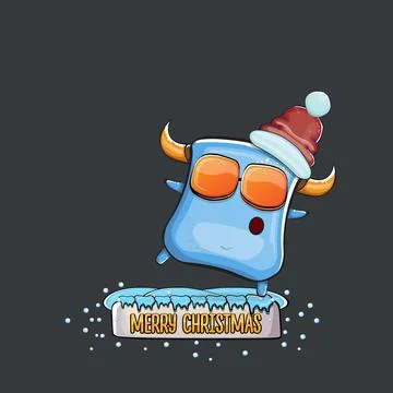 Vector cartoon funky blue monster with Santa Claus red hat isolated on grey Stock Illustration