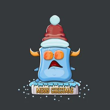 Vector cartoon funky blue monster with Santa Claus red hat isolated on grey Stock Illustration