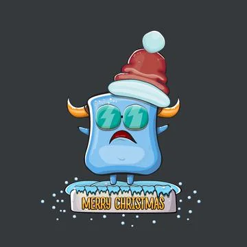 Vector cartoon funky blue monster with Santa Claus red hat isolated on grey Stock Illustration