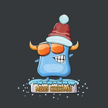 Vector cartoon funky blue monster with Santa Claus red hat isolated on grey Stock Illustration