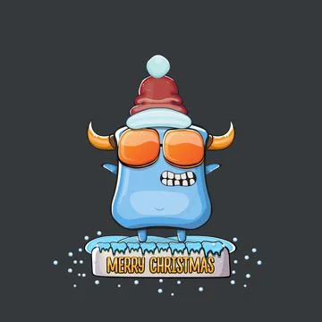 Vector cartoon funky blue monster with Santa Claus red hat isolated on grey Stock Illustration