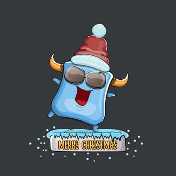 Vector cartoon funky blue monster with Santa Claus red hat isolated on grey Stock Illustration