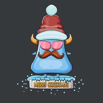 Vector cartoon funky blue monster with Santa Claus red hat isolated on grey Stock Illustration