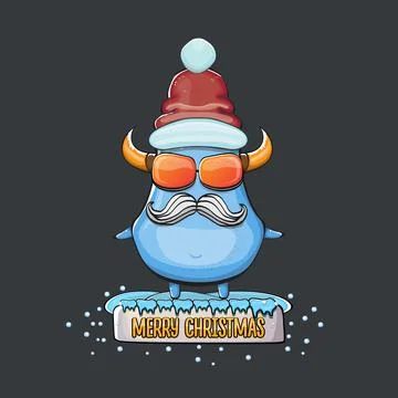 Vector cartoon funky blue monster with Santa Claus red hat isolated on grey Stock Illustration