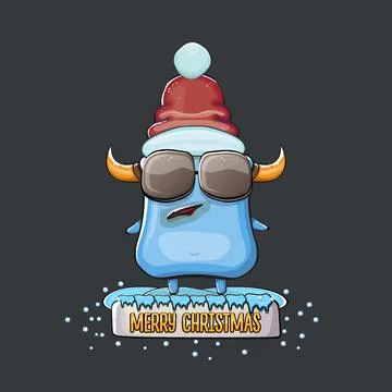 Vector cartoon funky blue monster with Santa Claus red hat isolated on grey Stock Illustration