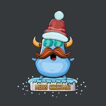 Vector cartoon funky blue monster with Santa Claus red hat isolated on grey Stock Illustration