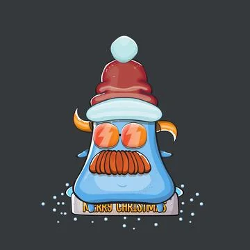 Vector cartoon funky blue monster with Santa Claus red hat isolated on grey Stock Illustration