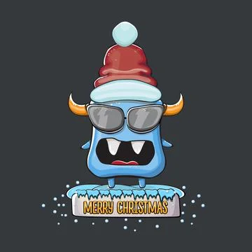 Vector cartoon funky blue monster with Santa Claus red hat isolated on grey Stock Illustration