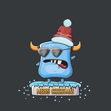 Vector cartoon funky blue monster with Santa Claus red hat isolated on grey Stock Illustration