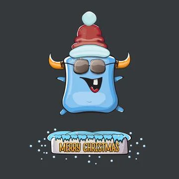 Vector cartoon funky blue monster with Santa Claus red hat isolated on grey Stock Illustration