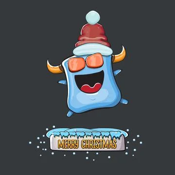 Vector cartoon funky blue monster with Santa Claus red hat isolated on grey Stock Illustration