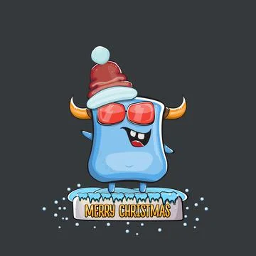 Vector cartoon funky blue monster with Santa Claus red hat isolated on grey Stock Illustration