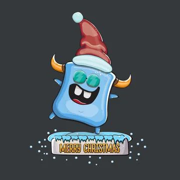 Vector cartoon funky blue monster with Santa Claus red hat isolated on grey Stock Illustration