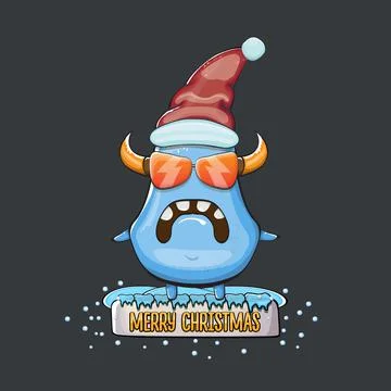 Vector cartoon funky blue monster with Santa Claus red hat isolated on grey Stock Illustration