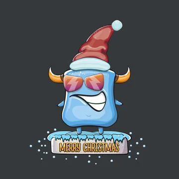 Vector cartoon funky blue monster with Santa Claus red hat isolated on grey Stock Illustration