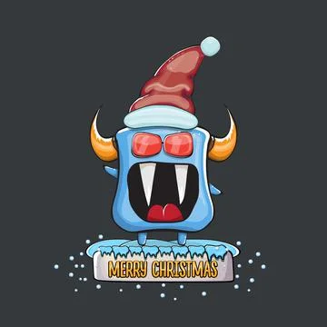 Vector cartoon funky blue monster with Santa Claus red hat isolated on grey Stock Illustration