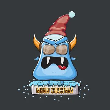 Vector cartoon funky blue monster with Santa Claus red hat isolated on grey Stock Illustration