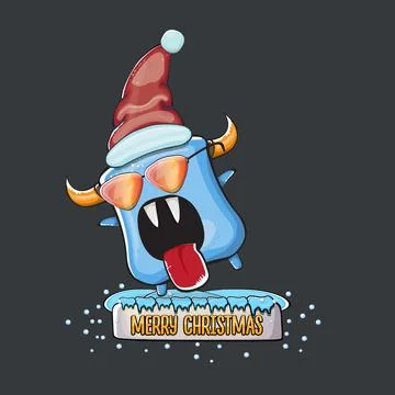 Vector cartoon funky blue monster with Santa Claus red hat isolated on grey Stock Illustration