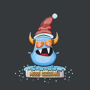 Vector cartoon funky blue monster with Santa Claus red hat isolated on grey Stock Illustration