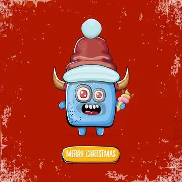 Vector cartoon funky blue monster with Santa Claus red hat holding ice cream Stock Illustration